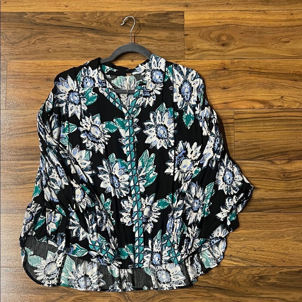 Free People Black and Green Floral Blouse
